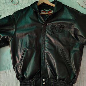 Dark brown leather jacket with Coors Light on the back and lefft side front.